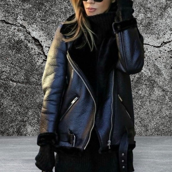 L&J Studios Jackets & Blazers - L&J Studios Womens Black Faux Shearling Aviator Moto Jacket Belted XS Gothic